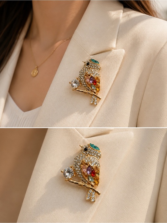 Anthropologie Jewelry - Colorful Crystal Owl Bird Brooch – Gold Tone Rhinestone Lapel Pin, Vintage Style